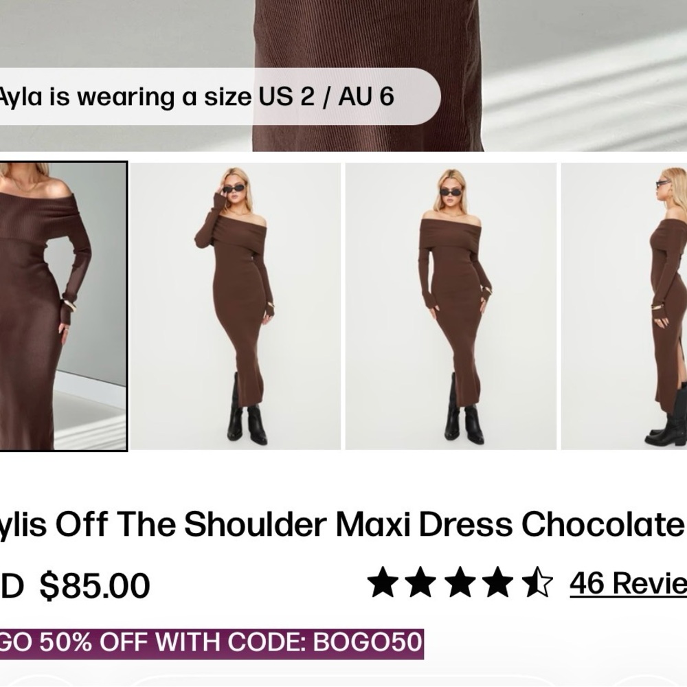 Princess Polly Off Shoulder Maxi Sweater Dress - Chocolate